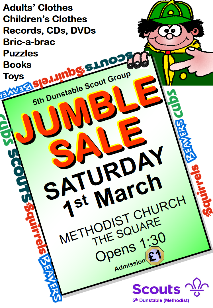 Jumble Sale in Dunstable with all sorts of bargains, 2nd March 2024, in aid of the Scout Group